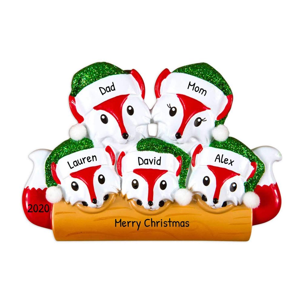 3D Fox Family of 5 Christmas Ornament 2025 Personalized Family Christmas Ornaments 2025 | Holiday Keepsake Foxes Personalized Tree Ornaments Customizable Gifts Woodland Animal Foxes of Five Ornament