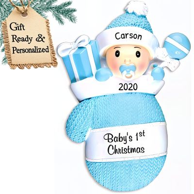 3D Personalized Babys First Christmas Ornament 2025 Boy | Blue Baby Mitten | Baby's First Christmas Ornament 2025 Baby Ornaments for Xmas Tree My 1st Xmas Boy Ornaments for New Parents Couples