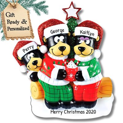 Black Bears Family of 3 Christmas Ornament 2025 Personalized Family Christmas Ornaments 2025 | Winter Holiday Hot Cocoa Personalized Tree Ornaments Customizable Gifts Santa Hat Bear of Three Ornament