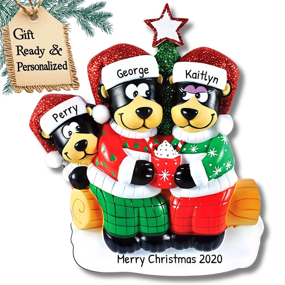 Black Bears Family of 3 Christmas Ornament 2025 Personalized Family Christmas Ornaments 2025 | Winter Holiday Hot Cocoa Personalized Tree Ornaments Customizable Gifts Santa Hat Bear of Three Ornament