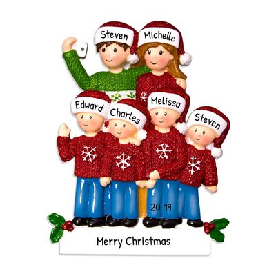 3D Sweater Family of 6 Christmas Ornament 2025 Personalized Family Christmas Ornaments 2025 | Group Selfie Smartphone Personalized Tree Ornaments Customizable Gifts Holiday Selfie of Six Ornament