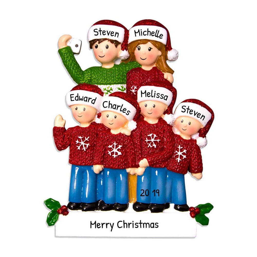 3D Sweater Family of 6 Christmas Ornament 2025 Personalized Family Christmas Ornaments 2025 | Group Selfie Smartphone Personalized Tree Ornaments Customizable Gifts Holiday Selfie of Six Ornament