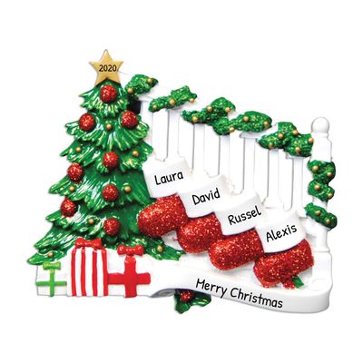 3D Stockings Family of 4 Christmas Ornament 2025 Personalized Family Christmas Ornaments 2025 | Holiday Presents Personalized Tree Ornaments Customizable Gifts Fireplace Red Stocking of Four Ornament