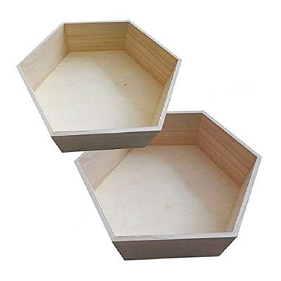 2 Hexagonal Wooden Shelves 36 x 31 cm & 39 x 34 cm