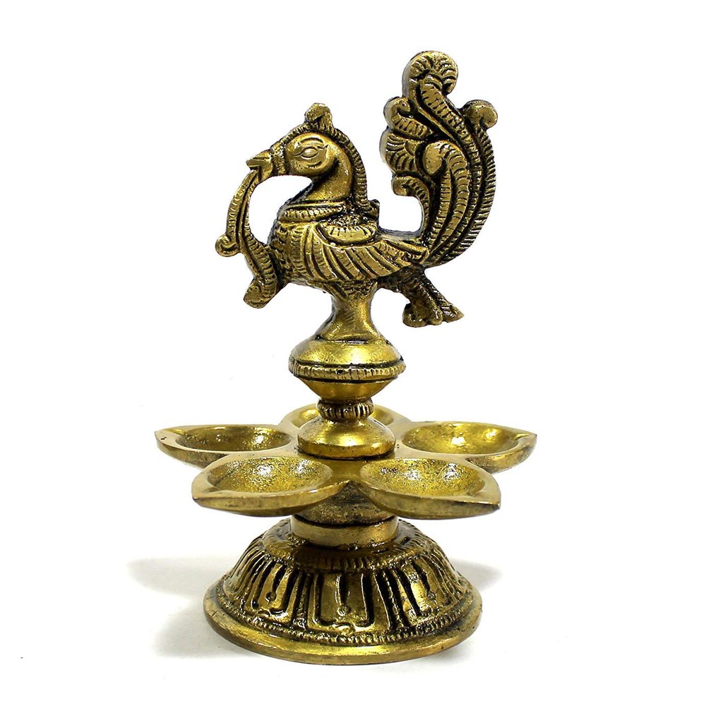 eSplanade - 5" Peacock Lotus Shaped Round Brass Diya | Oil Lamp | Home Decor | Brass Diya | Brass Deepam | Brass Lamps | Kuthu Vilakku | Oil Lamps for Home and Office
