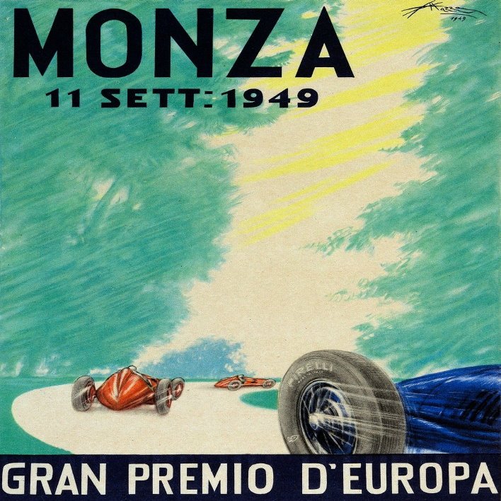 1949 Italian Grand Prix In Monza This rare original advertising poster for the 1949 Italian Grand Prix depicts 3 race cars driving through the trees of the Monza circuit and has the date and place of