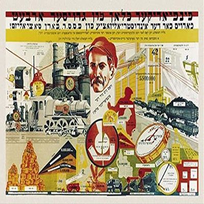 Full of charts and goals a central head is surrounded by factories and industrial production These posters were printed in wide variety of languages including Arabic This one is of course in Yiddish