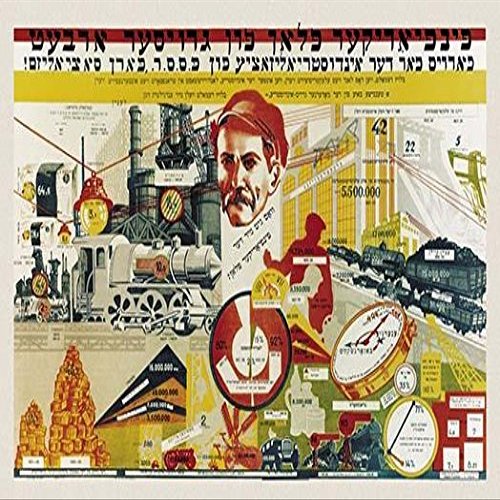Full of charts and goals a central head is surrounded by factories and industrial production These posters were printed in wide variety of languages including Arabic This one is of course in Yiddish