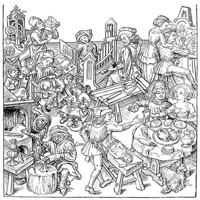 Daily Life 16Th Century Ngerman Household Activities In The Middle Ages Including Spanking A Child Clock Repair Organ Making Painting Cooking Blacksmithing And Dining Colored German Woodcut 16Th Centu