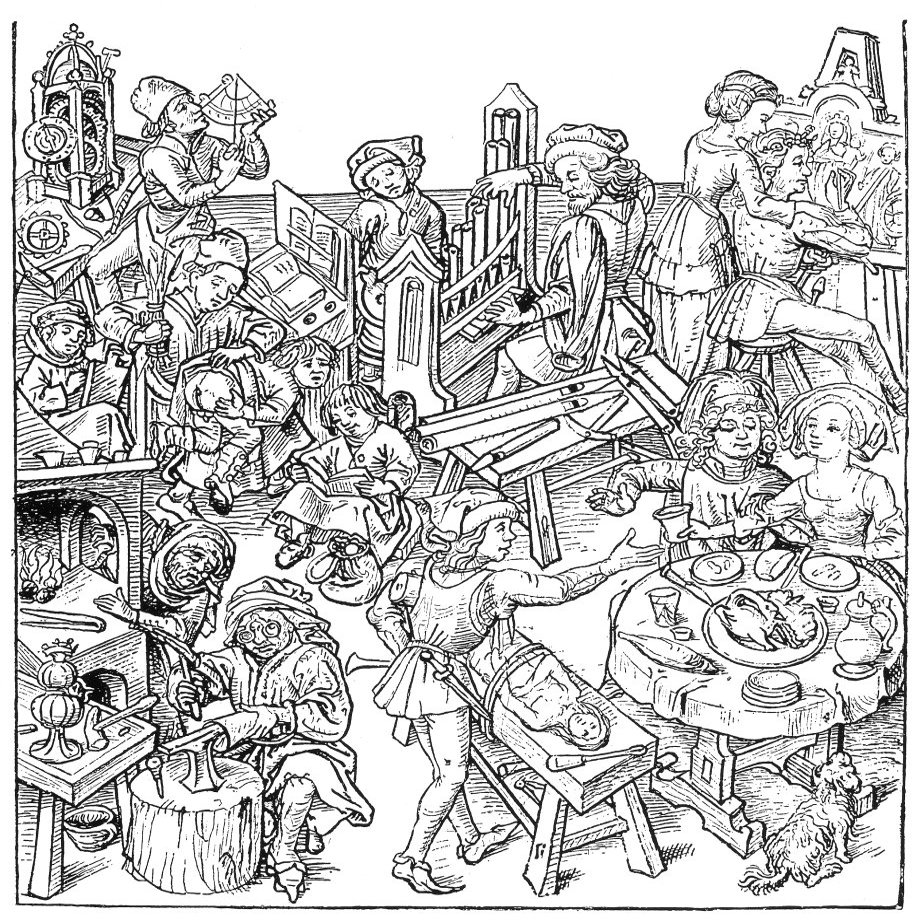 Daily Life 16Th Century Ngerman Household Activities In The Middle Ages Including Spanking A Child Clock Repair Organ Making Painting Cooking Blacksmithing And Dining Colored German Woodcut 16Th Centu