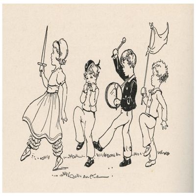 Four children have a parade A girl leads with a sword aloft a boy plays the harmonica another a drum and the last boy carries a flag Book plate from a 1932 edition of A Childs Garden of Verses Poste