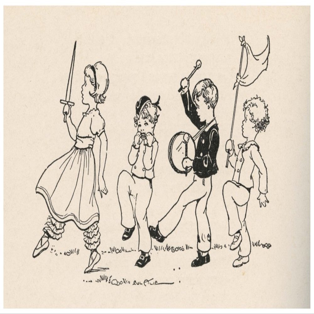 Four children have a parade A girl leads with a sword aloft a boy plays the harmonica another a drum and the last boy carries a flag Book plate from a 1932 edition of A Childs Garden of Verses Poste