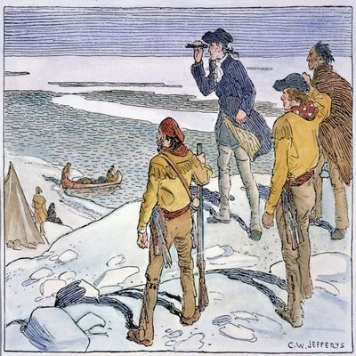 Alexander Mackenzie N(1764-1820) Scottish Explorer Mackenzie Sighting The Arctic Sea For The First Time On 14 July 1789 While On An Expedition For The North-West Company Pen-And-Ink Drawing By Charles