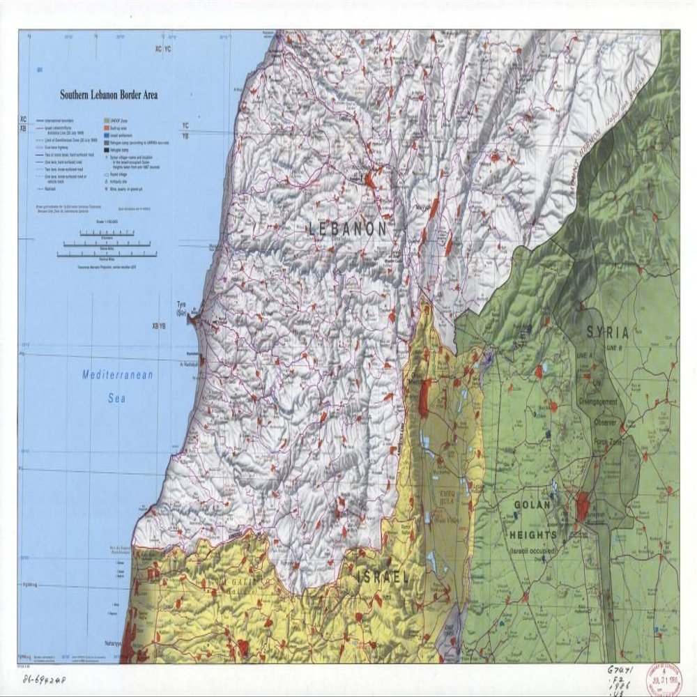 14" x 24" 1986 Map of Southern Lebanon Border Area