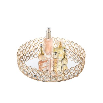 Feyarl Crystal Perfume Tray Makeup Cosmetic Vanity Organizer Jewelry Trinket Display Storage Mirrored Decorative Tray Skin Care Tray for Dresser Home Deco Birthday Gift(Round 10" inch) (Gold)