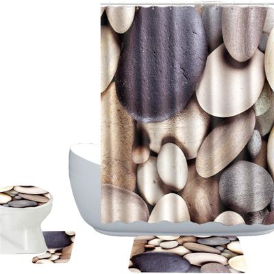 Amagical Cobblestone Print 16 Piece Toilet Mat Set Shower Curtain Holidays Summer Non-Slip Bathroom Mat Rug Toilet Cover Contour Mat Fabric Shower Curtain with 12 Hooks