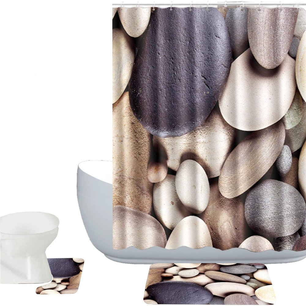 Amagical Cobblestone Print 3 Piece Toilet Mat Set Shower Curtain Holidays Summer Non-Slip Bathroom Mat Rug Contour Mat Fabric Shower Curtain with 12 Hooks