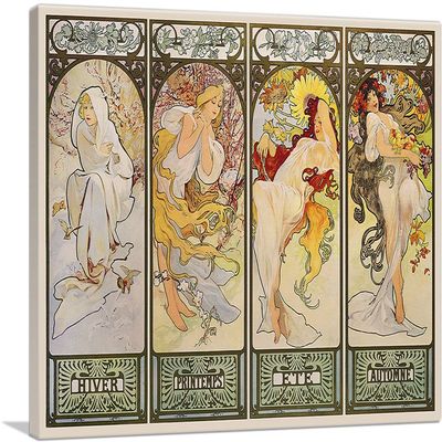 ARTCANVAS The Seasons - Les Saisons Canvas Art Print Stretched Framed Painting Picture Poster Giclee Wall Decor by Alphonse Mucha - 40" x 26" (0.75" Deep)