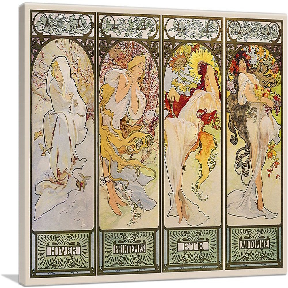 ARTCANVAS The Seasons - Les Saisons Canvas Art Print Stretched Framed Painting Picture Poster Giclee Wall Decor by Alphonse Mucha - 40" x 26" (0.75" Deep)