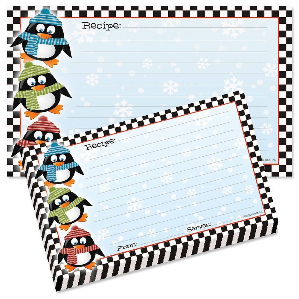 Current Penguin Holiday Recipe Cards - 3x5 Inches, Single Sided Blank Cardstock for Family Thanksgiving, Cookie, & Baking Recipes, Cute Bridal Shower, Christmas, & Holiday Gift, 50 Card Set