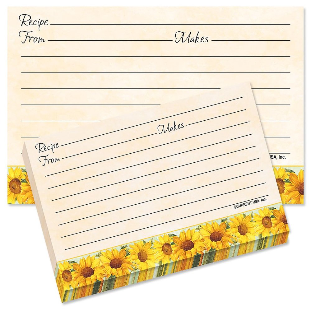 Current Sunflowers Recipe Cards - 4x6 Inches, Single Sided Blank Cardstock for Family Thanksgiving, Cookie, & Baking Recipes, Cute Bridal Shower, Christmas, & Holiday Gift, 48 Card Set