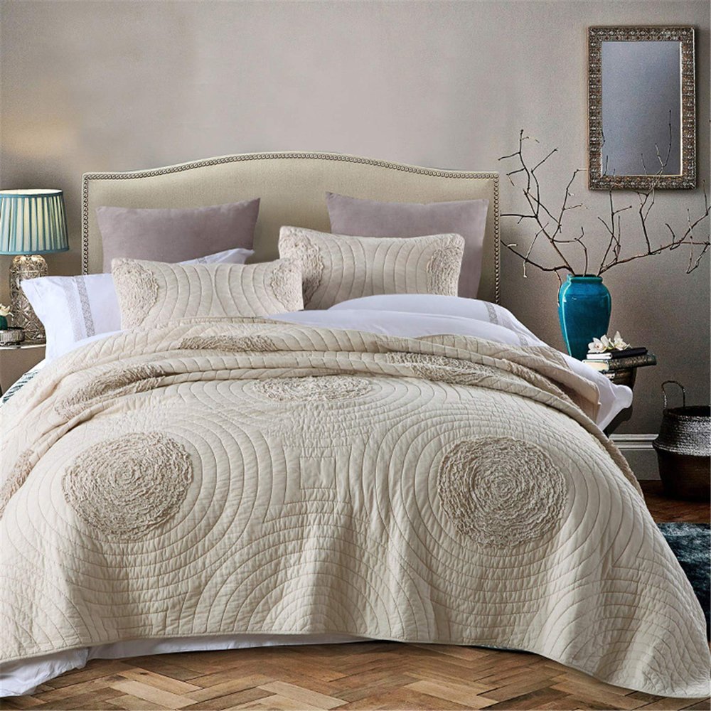 ABREEZE Quilt Sets Queen Size 100% Cotton Beige Bedspread with 3D Floral Pattern Modern Style Quilts and Coverlets with 2 Matching Pillow Shams