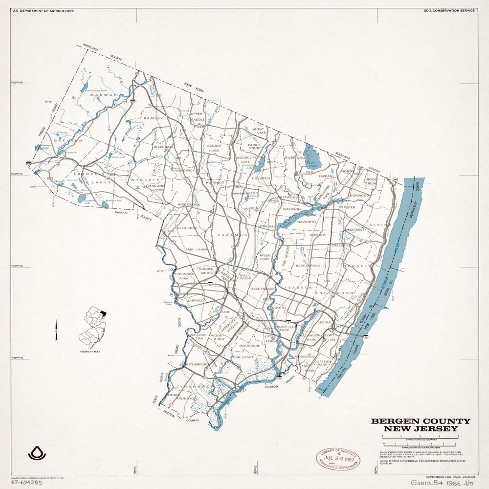 18" x 24" 1987 Map Of Bergen County New Jersey