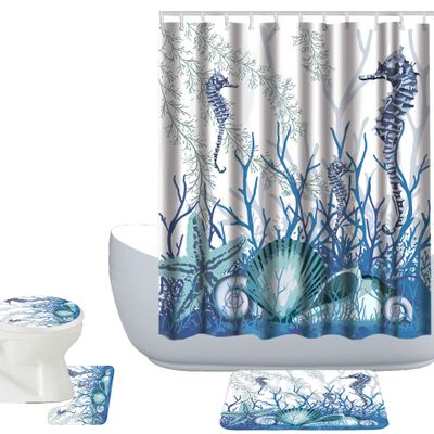 Amagical Sea Shells Seahorse Starfish Pattern 16 Piece Blue Ocean Shower Curtain Bath Mat Set Non Slip Bathroom Mat Toilet Cover Contour Mat Fabric Shower Curtain with 12 Hooks