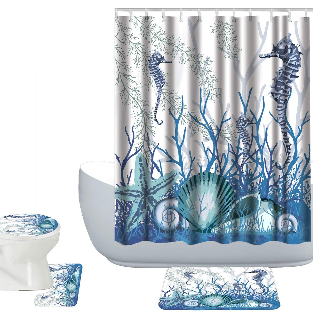 Amagical Sea Shells Seahorse Starfish Pattern 16 Piece Blue Ocean Shower Curtain Bath Mat Set Non Slip Bathroom Mat Toilet Cover Contour Mat Fabric Shower Curtain with 12 Hooks