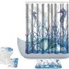 Amagical Sea Shells Seahorse Starfish Pattern 16 Piece Blue Ocean Shower Curtain Bath Mat Set Non Slip Bathroom Mat Toilet Cover Contour Mat Fabric Shower Curtain with 12 Hooks view 1