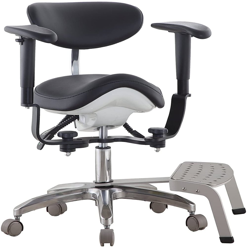 BONEW Microscope Saddle Stool Foot Controlled/Pedal Base with Backrest Doctor's Chair PU Leather SDS-PB1