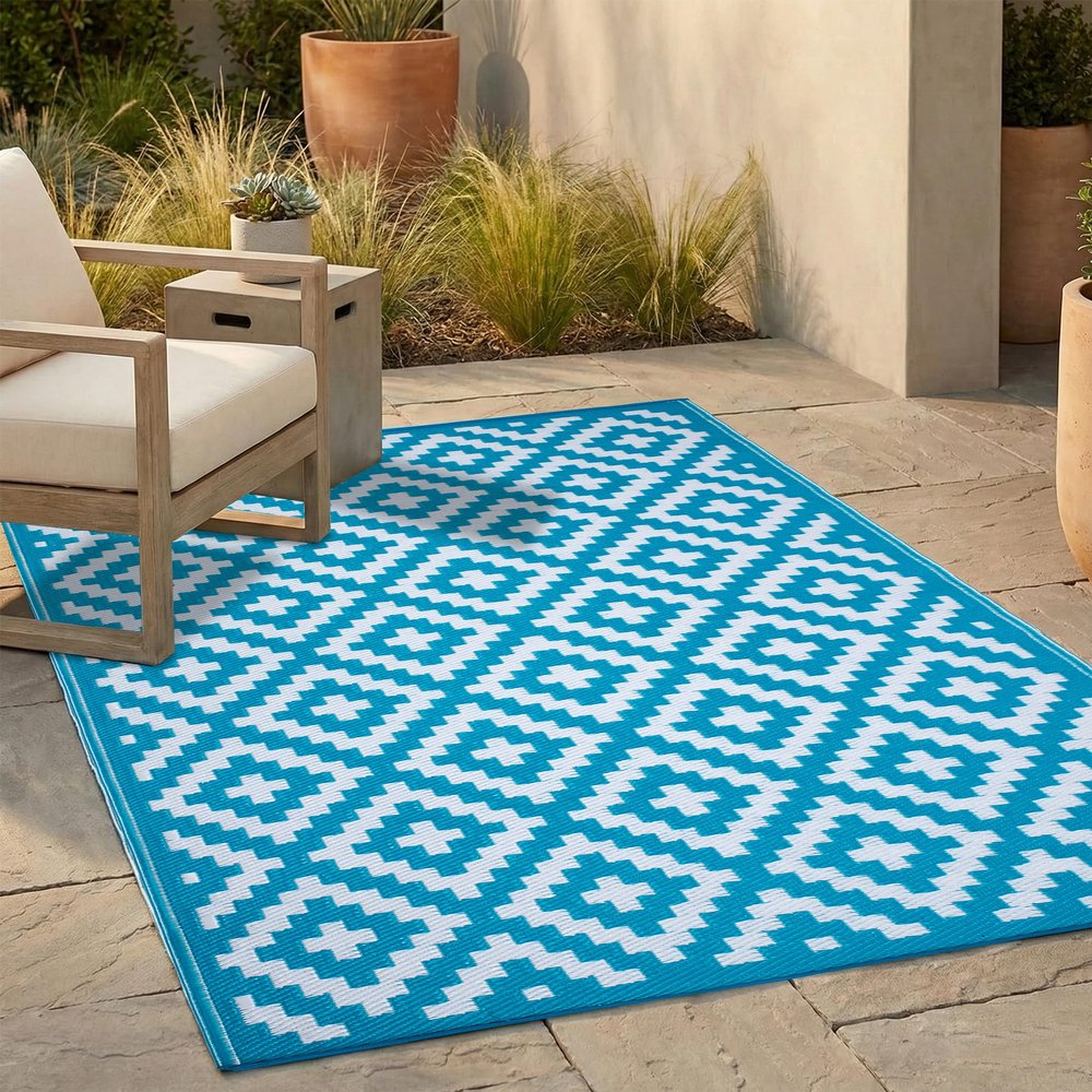FH Home Outdoor Rug - Waterproof, Fade Resistant, Reversible - Premium Recycled Plastic - Geometric - Porch, Deck, Balcony, Mudroom, Laundry Room, Patio - Aztec - Teal & White Crease Free - 3 x 5 ft