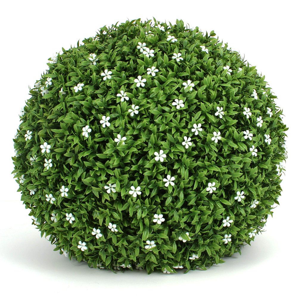 3rd Street Inn Large White Flower Grass Topiary Ball - Artificial Plant Set - Indoor/Outdoor Wedding Party Decor - Faux Foliage Garden Sphere - Tree and Bush Substitute (15", 2 Pack)