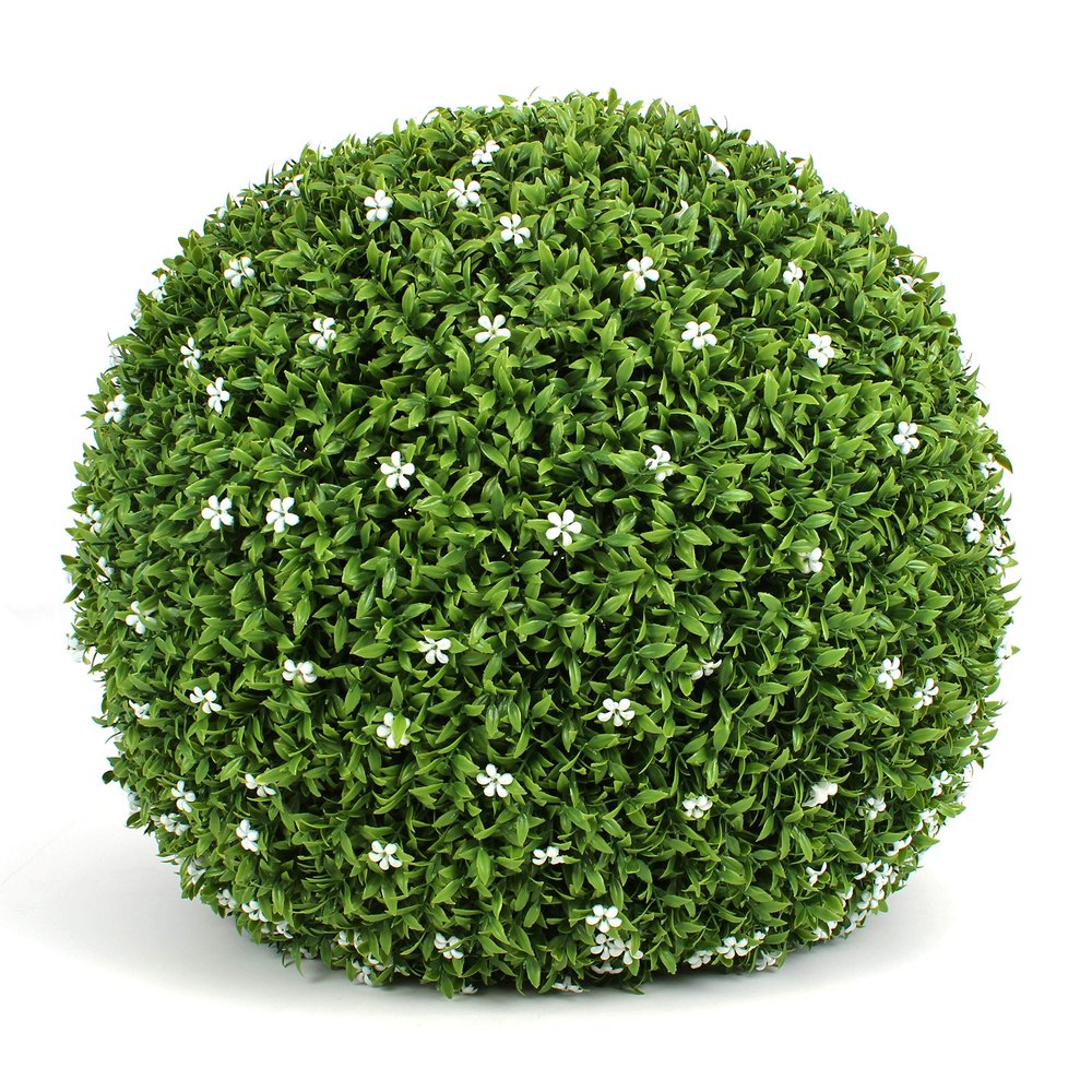 3rd Street Inn White Flower Grass Topiary Ball - Artificial Plant Set - Indoor/Outdoor Wedding Party Decor - Faux Foliage Garden Sphere - Tree and Bush Substitute (19")