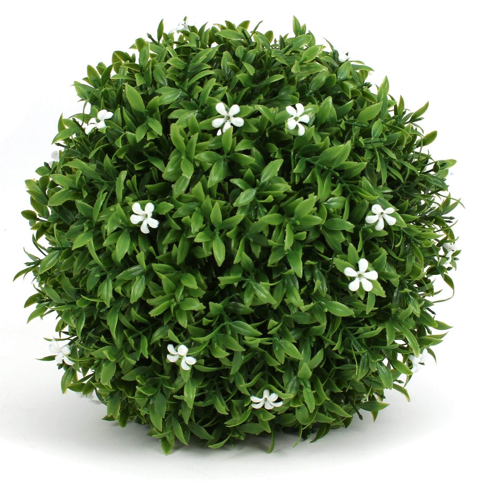 3rd Street Inn Small White Flower Grass Topiary Ball - Artificial Plant Set - Indoor/Outdoor Wedding Party Decor - Faux Foliage Garden Sphere - Tree and Bush Substitute (7", 8 Pack)