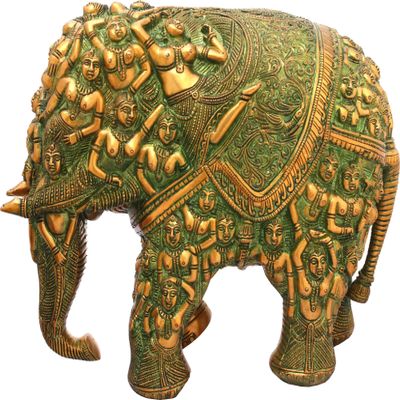 Exotic India Elephant Made of Lady Figures (Nari Kunjar) - Brass Statue - Color Greenish Gold Color