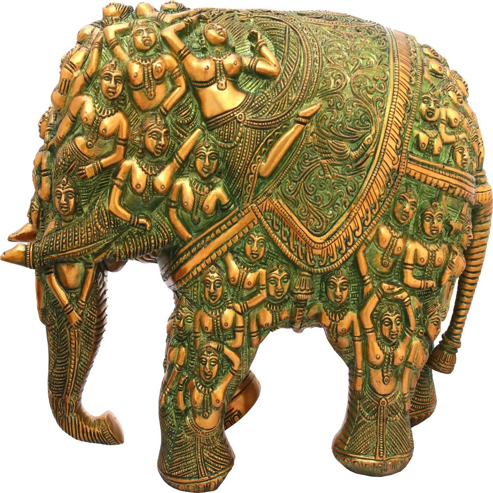 Exotic India Elephant Made of Lady Figures (Nari Kunjar) - Brass Statue - Color Greenish Gold Color