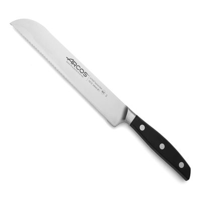 Arcos Bread Knife 8 Inch Nitrum Stainless Steel and 200 mm blade. Obtain a great variety of cuts for your food. Ideal knife for daily domestic use. Series Manhattan. Color Black.