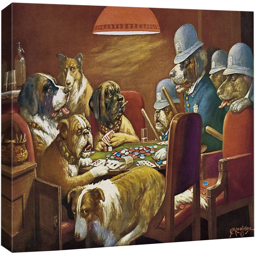 wall26 Canvas Wall Art - Dogs Playing Poker Series - Pinched with Four Aces (Four Policemen) by by C.M Coolidge - Giclee Print Gallery Wrap Modern Home Art Ready to Hang - 24x36 inches