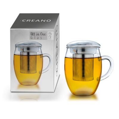 Creano Tea Glass with Stainless Steel Infuser and Glass Lid - 14oz (400ml)