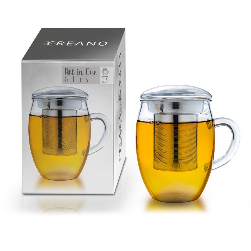Creano Tea Glass with Stainless Steel Infuser and Glass Lid - 14oz (400ml)