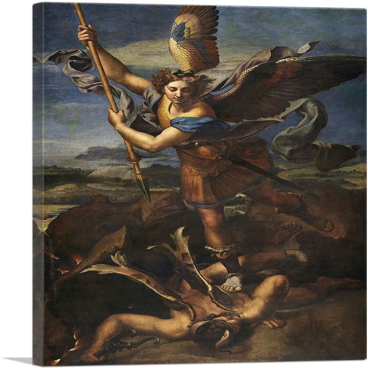 ARTCANVAS St. Michael Vanquishing Satan 1518 Canvas Art Print Stretched Framed Painting Picture Poster Giclee Wall Decor by Raphael - 40" x 26" (0.75" Deep)