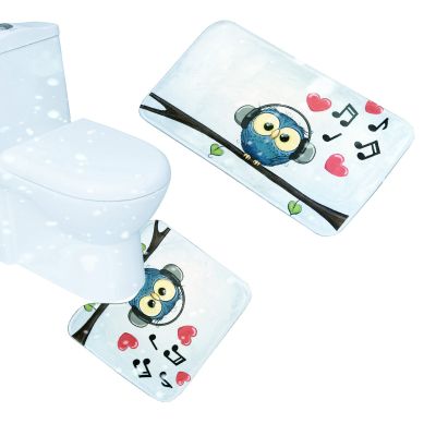 Amagical Cute Owl Decor 2 Piece Bat Mat Rug Set Owl Listen to Music with Headphones Non Slip Bathroom Mat Contour Mat Blue