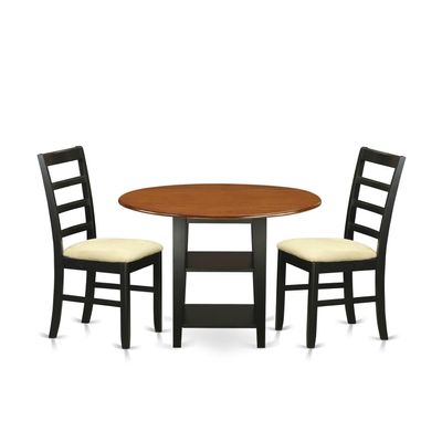 East West Furniture SUPF3-BCH-C 3 Piece Dining Room Table Set Contains a Round Kitchen Table with Dropleaf & Shelves and 2 Linen Fabric Upholstered Chairs, 42x42 Inch, Black & Cherry