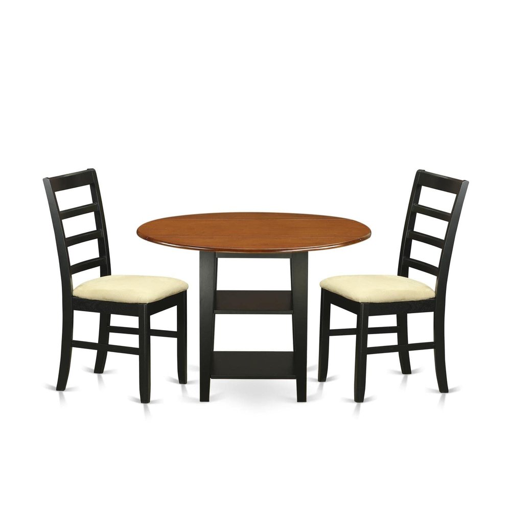 East West Furniture SUPF3-BCH-C 3 Piece Dining Room Table Set Contains a Round Kitchen Table with Dropleaf & Shelves and 2 Linen Fabric Upholstered Chairs, 42x42 Inch, Black & Cherry