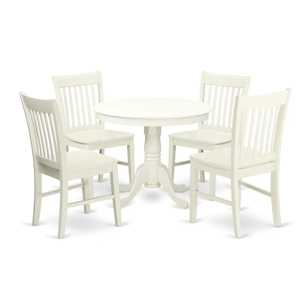 East West Furniture ANNO5-LWH-W 5 Piece Dinette Set for 4 Includes a Round Kitchen Table with Pedestal and 4 Dining Room Chairs, 36x36 Inch, Linen White