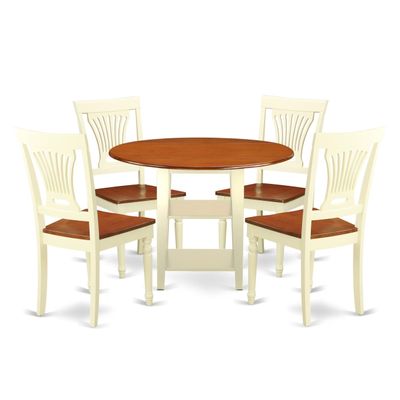 East West Furniture SUPL5-BMK-W 5 Piece Dining Room Table Set Includes a Round Kitchen Table with Dropleaf & Shelves and 4 Dining Chairs, 42x42 Inch, Buttermilk & Cherry