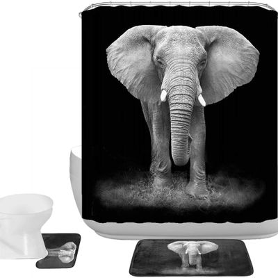 Amagical Elephant Art Black and White Photography 3 Piece Shower Curtain Set Bath Mat Set Non Slip Bathroom Mat Contour Rug Mat Shower Curtain with 12 Hooks