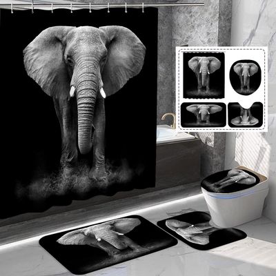 Amagical 4PCS Elephant Art Black and White Photography Shower Curtain Set Bath Mat Set, Non Slip Bathroom Mat Contour Rug Mat Toilet Cover Fabric Waterproof Shower Curtain with 12 Hooks