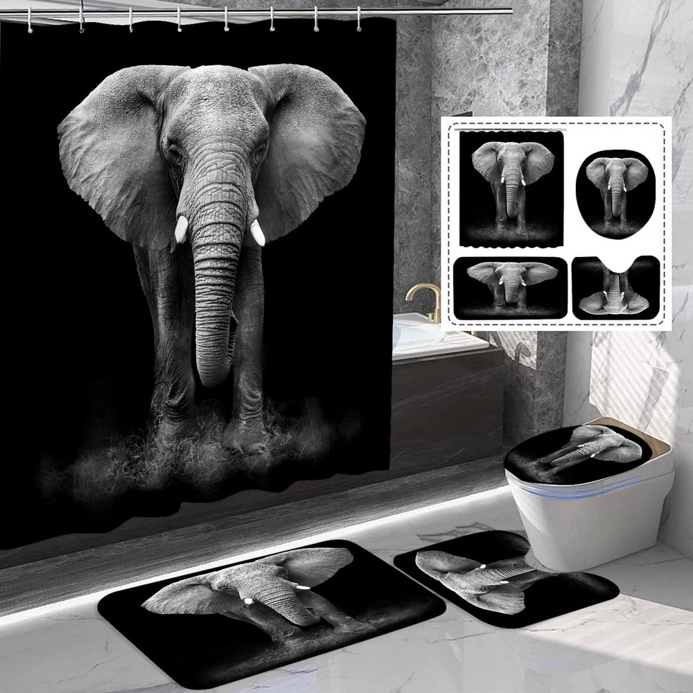 Amagical 4PCS Elephant Art Black and White Photography Shower Curtain Set Bath Mat Set, Non Slip Bathroom Mat Contour Rug Mat Toilet Cover Fabric Waterproof Shower Curtain with 12 Hooks
